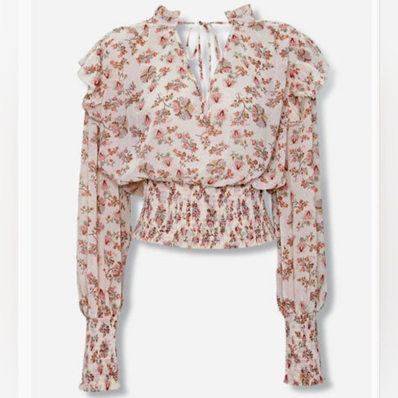 Forever 21 Tops - O Forever 21 Cream Wildflower Neck Tie Smocked Cropped Long Sleeve Top NWT M